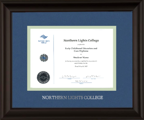 Classic Black diploma frame with double mat board and silver foil stamp with "NORTHERN LIGHTS COLLEGE" GOUDY 24P. (#120900-12x15-volc/ths-fs)